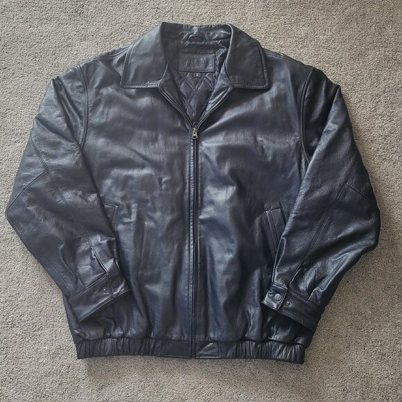 St Johns Bay Leather Quilted Liner Bomber Black Vintage Jacket Size L